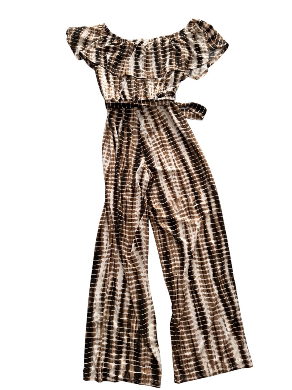 70s Inspired Brown Tie-Dye Off-Shoulder Jumpsuit, Size XL
